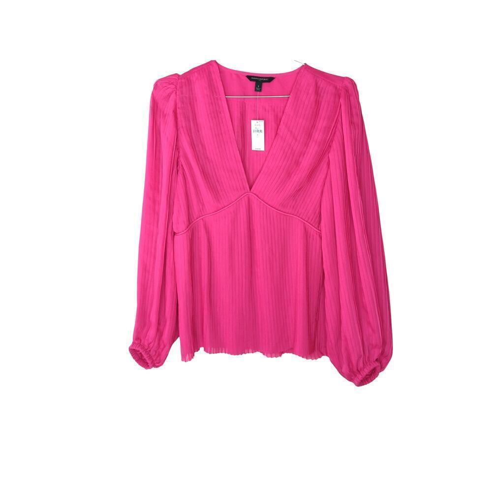 New Banana Republic Women’s Hot Pink Pleated Blouse Top Long Sleeve Size S $150 - Picture 2 of 12